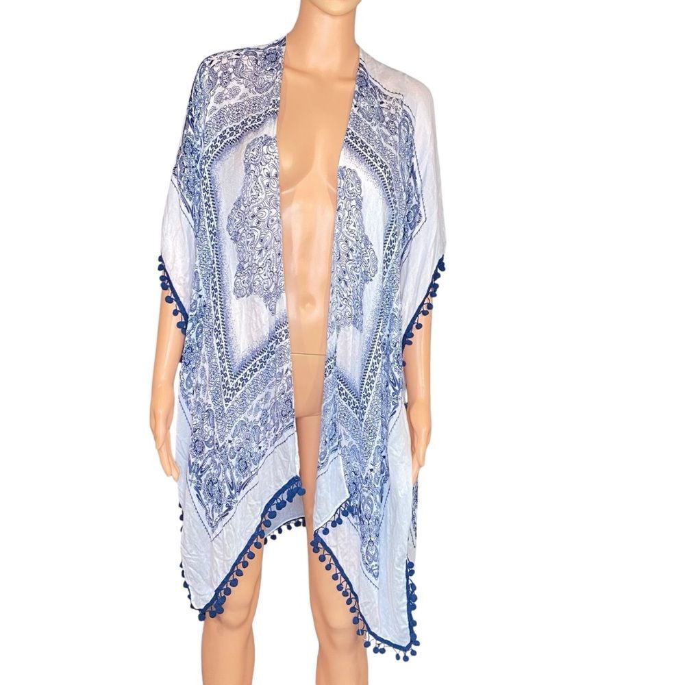 Woven Heart Blue White Kimono Swim Coverup Boho Hippie w Pom Pom Trim One Size